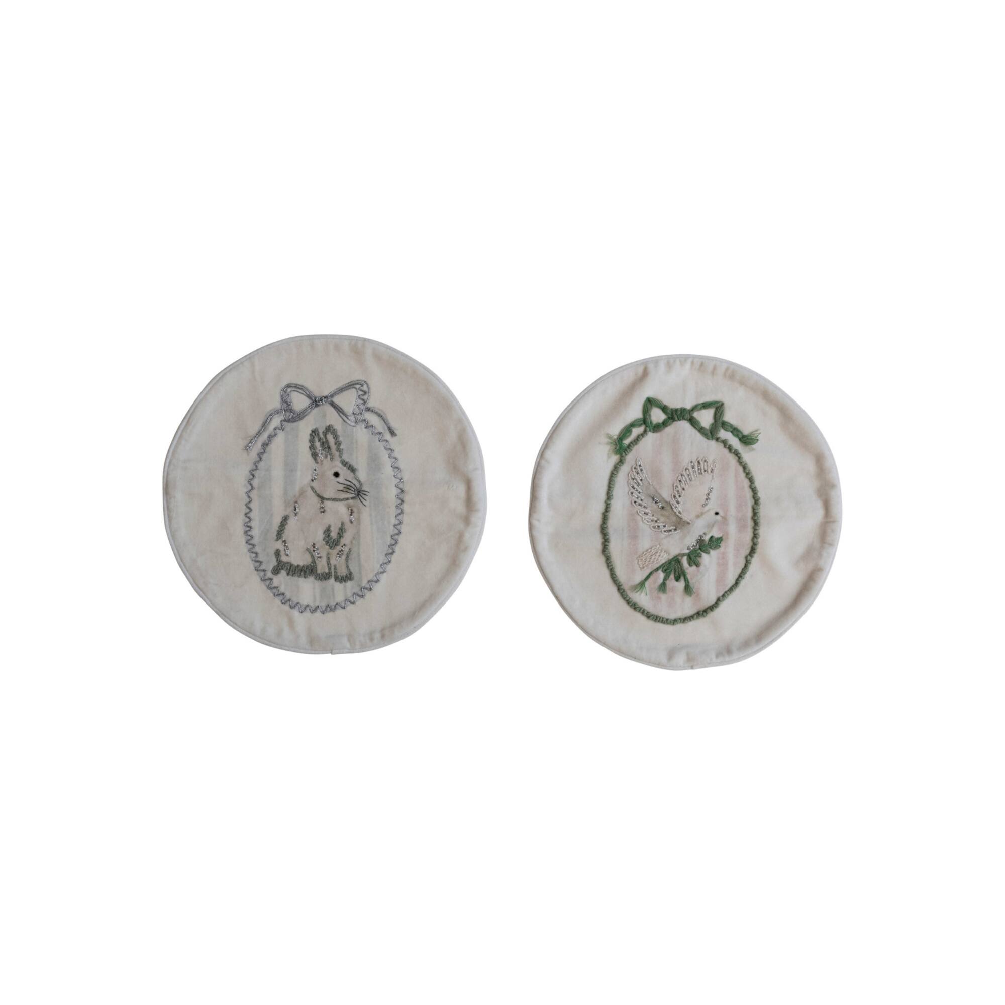 Hello Honey® 16" Embroidered Rabbit & Dove Round Cotton Velvet Pillow Set